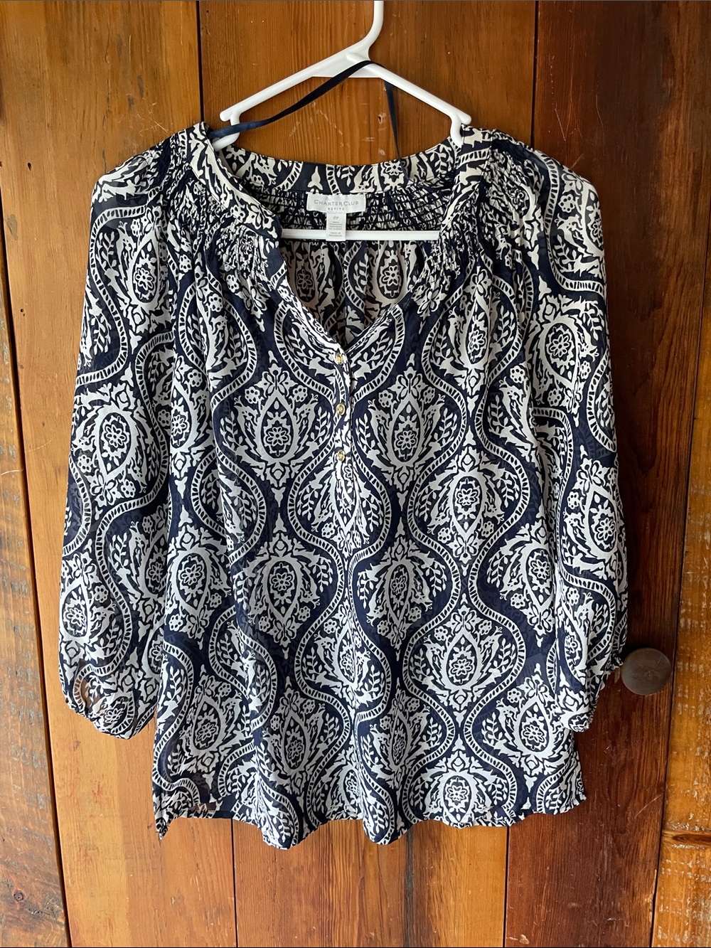 Charter Club Navy and White Printed Peasant Blouse
